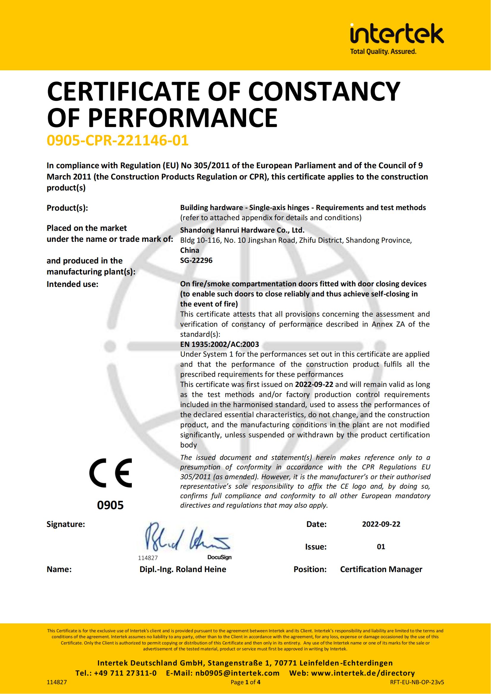 Euro Standard CE 4'×3.5'×3mm SS Türscharnier für Brandschutztüren